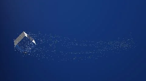 3D CGI illustration of a glass cube with trails made of lots of water bubbles Stock Illustration