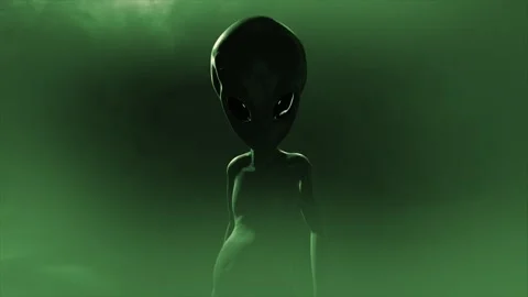3D CGI push-in shot of a classic, shiny-skinned Roswell grey alien looking Stock Footage 262625929