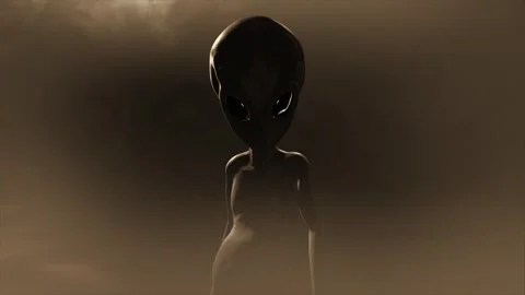 3D CGI push-in shot of a classic, shiny-skinned Roswell grey alien looking Stock Footage 262626619