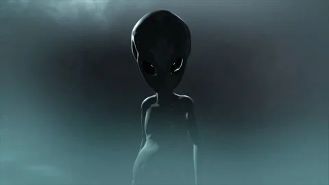 3D CGI push-in shot of a classic, shiny-skinned Roswell grey alien looking Stock Footage 262628145