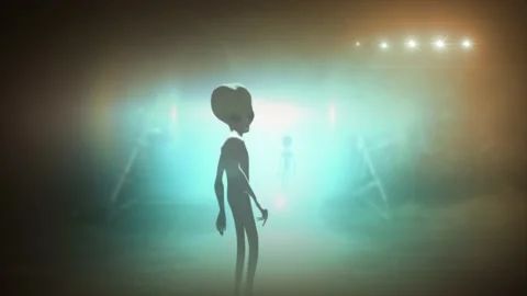 3D CGI VFX animation of a classic Roswell grey alien turning to look back, Stock Footage 161467453