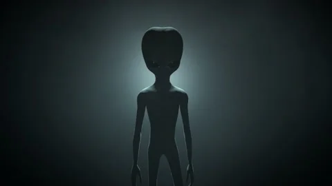 3D CGI VFX animation of a classic Roswell style grey alien on a dark Stock Footage 161467454
