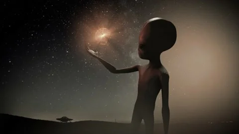 3D CGI VFX animation of classic Roswell grey alien in a misty night scene Stock Footage 166885190