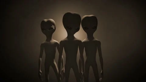 3D CGI VFX mid-shot of three classic Roswell style grey aliens on a sepia Stock Footage 161467412