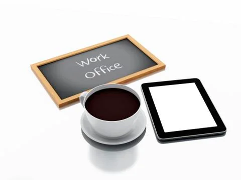 3d chalkboard, cup of coffee and tablet pc. work office concept Stock Illustration