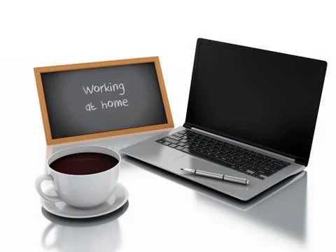 3d chalkboard, cup of coffee and laptop pc. working at home concept Stock Illustration