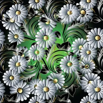 3d Chamomiles and daisies vector seamless pattern. Ilustración de archivo