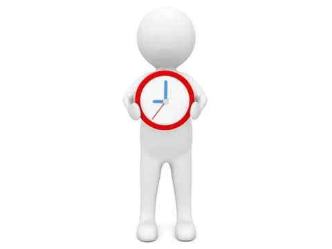 3d character with a clock on a white background. Illustrazione stock