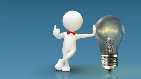 3D Character Leaning on Flickering Light Bulb Thumbs Up Ilustração Stock