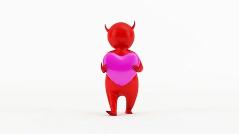 3D character little red devil - carrying a pink heart Stock-Footage 133529231