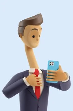 3d character with long neck amazed by smartphone message Stock-Illustration