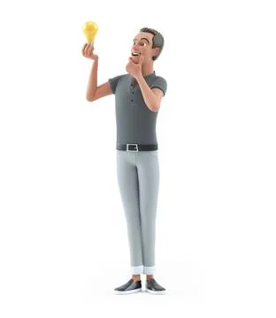 3d character man looking at light bulb Stock Illustration