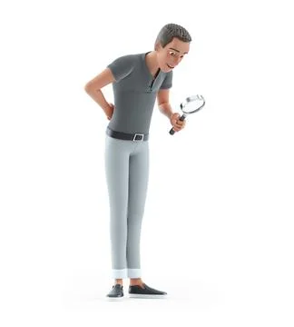3d character man looking through magnifying glass Illustrazione stock