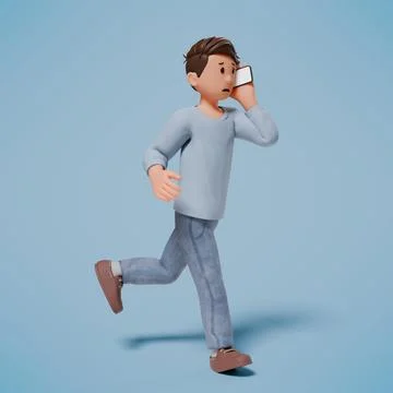3d character of man ran while calling Stock Photos