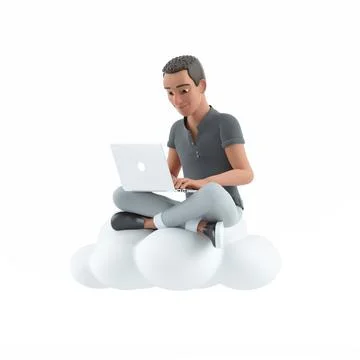 3d character man sitting on cloud and using laptop Stock Illustration