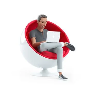 3d character man sitting in spherical chair with laptop Stock Illustration