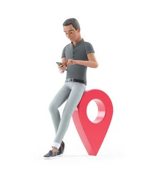 3d character man using smartphone next to map pin Stock Illustration