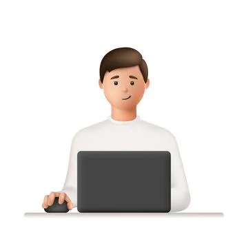 3d character. Man working and studying on laptop computer Stock Illustration