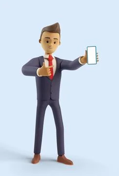 3d character pointing on blank smartphone display Stock-Illustration