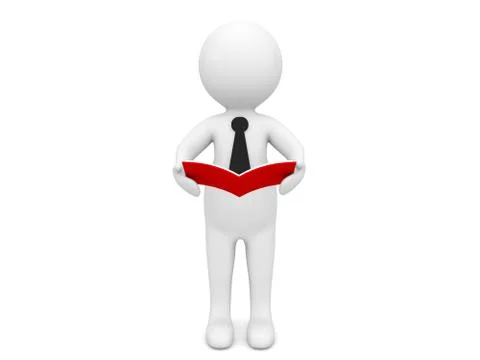 3d character is reading a book on a white background. Illustrazione stock