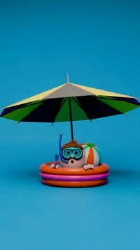 3D character sitting in pool ring holding popsicle with beach umbrella and ba Stock Photos