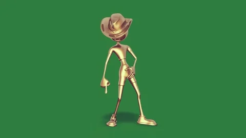 A 3d character walking on green screen and gold man standing robot with hat Stock Footage 335938229