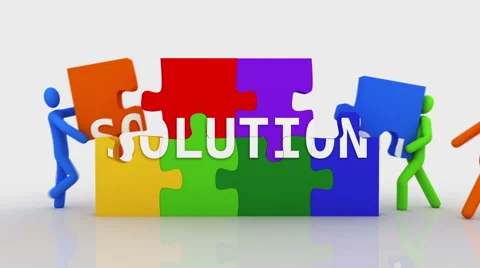 3D characters doing a puzzle with the word SOLUTION. 2 in 1. Stock Footage 54837918