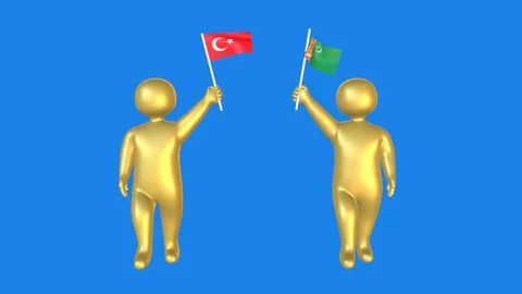 3D characters holding Turkey and Turkmenistan flags on blue Stock Footage 320353150