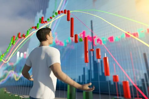 3D chart with a downward trend. Candlestick chart with indicators. Investme.. Stock Photos