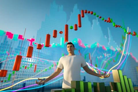 3D chart with a downward trend. Candlestick chart with indicators. Investme.. Stock Photos