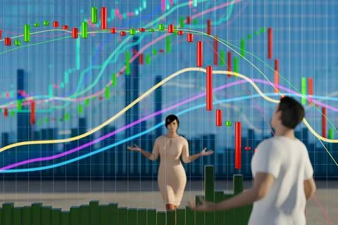 3D chart with a downward trend. Candlestick chart with indicators. Investment Stock Photos
