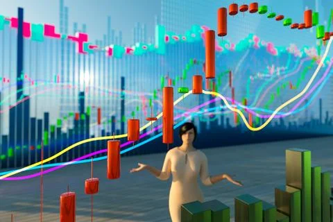 3D chart with a downward trend. Candlestick chart with indicators. Investment Stock Photos