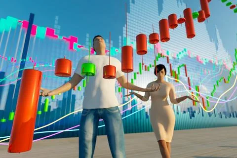 3D chart with a downward trend. Candlestick chart with indicators. Investment Stock Photos