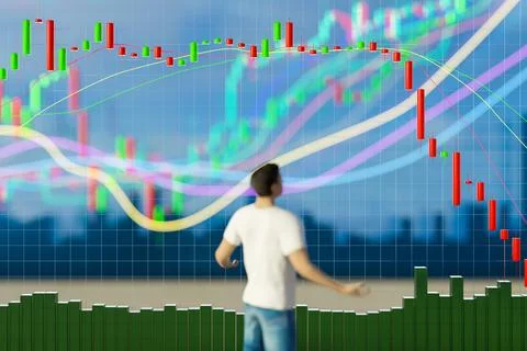 3D chart with a downward trend. Candlestick chart with indicators. Investment Stock Photos