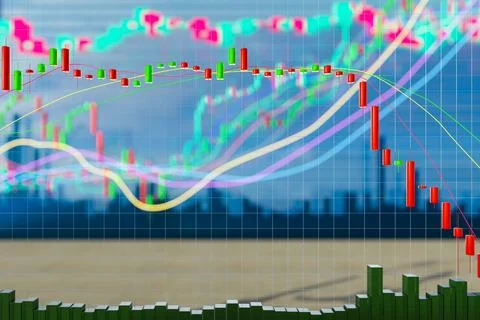 3D chart with a downward trend. Candlestick chart with indicators. Investment Stock Photos