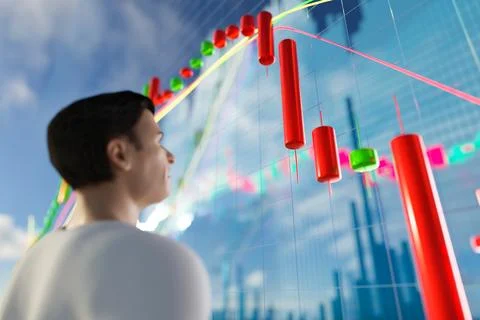 3D chart with a downward trend. Candlestick chart with indicators. Investment Stock Photos