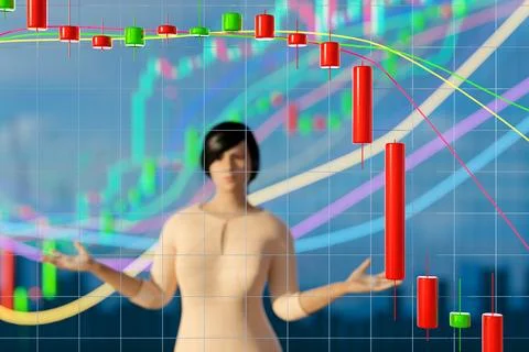 3D chart with a downward trend. Candlestick chart with indicators. Investment Stock Photos