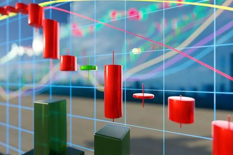 3D chart with a downward trend. Candlestick chart with indicators. Investment Stock Photos