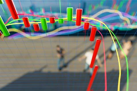 3D chart with a downward trend. Candlestick chart with indicators. Investment Stock-Fotos