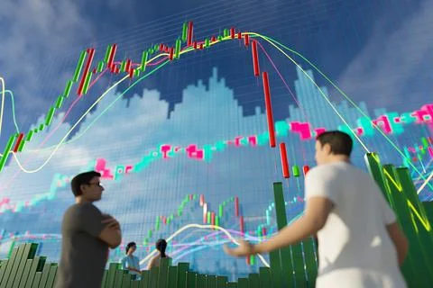 3D chart with a downward trend. Candlestick chart with indicators. Investment Stock Photos
