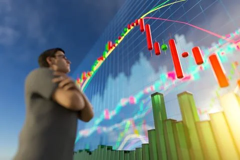 3D chart with a downward trend. Candlestick chart with indicators. Investment Stock Photos