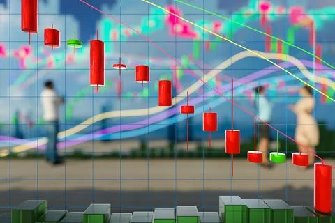 3D chart with a downward trend. Candlestick chart with indicators. Investment Stock Photos