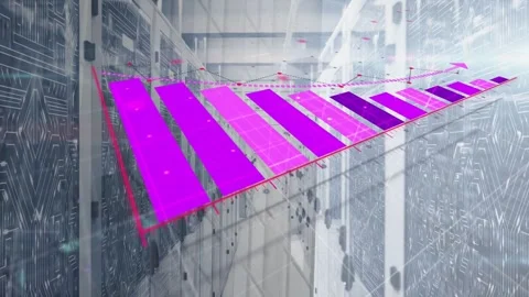 3D chart expanding over server aisle, magenta panels appearing, driving trend Stock Footage 332613831