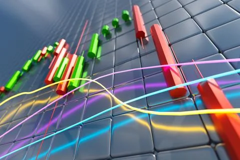 3D chart with a falling trend. Candlestick chart with indicators. Concept of  Stock Photos
