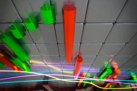 3D chart with a falling trend. Candlestick chart with indicators. Concept of  Stock Photos