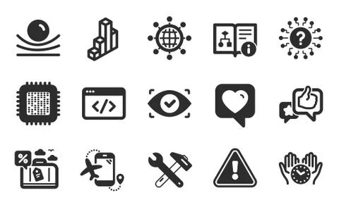 3d chart, Safe time and Technical algorithm icons set. Like, International globe Stock Illustration