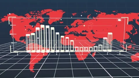 3D chart sliding in from left over red map building bars and nodes representing Stock Footage 335637207