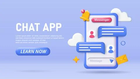 3D chat app poster. Chatting and online communication in social networks and Stock Illustration