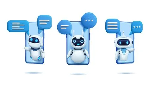 3d chat bot. Ai robot with speech bubbles on smartphone screen, artificial Stock Illustration