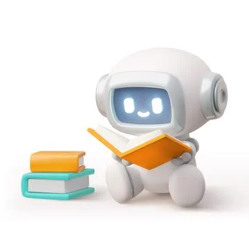 3D chat bot. Robot sits and reads books. Stock Illustration